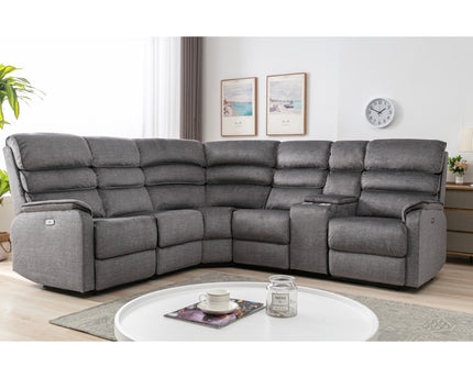 Savoy power recliner corner set.  A full fabric suite in soft touch grey coloured fabric.  high headrest offers neck support. A USB socket is included in the touch panel. Plus you can add a consol with drinks holder 