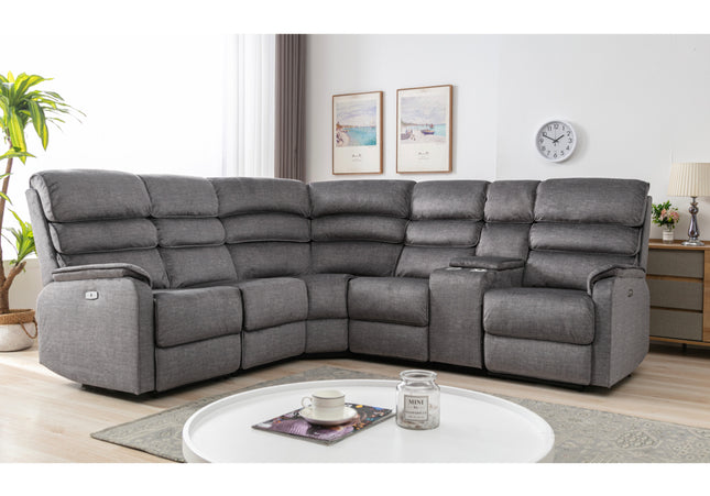 Savoy power recliner corner set.  A full fabric suite in soft touch grey coloured fabric.  high headrest offers neck support. A USB socket is included in the touch panel. Plus you can add a consol with drinks holder 