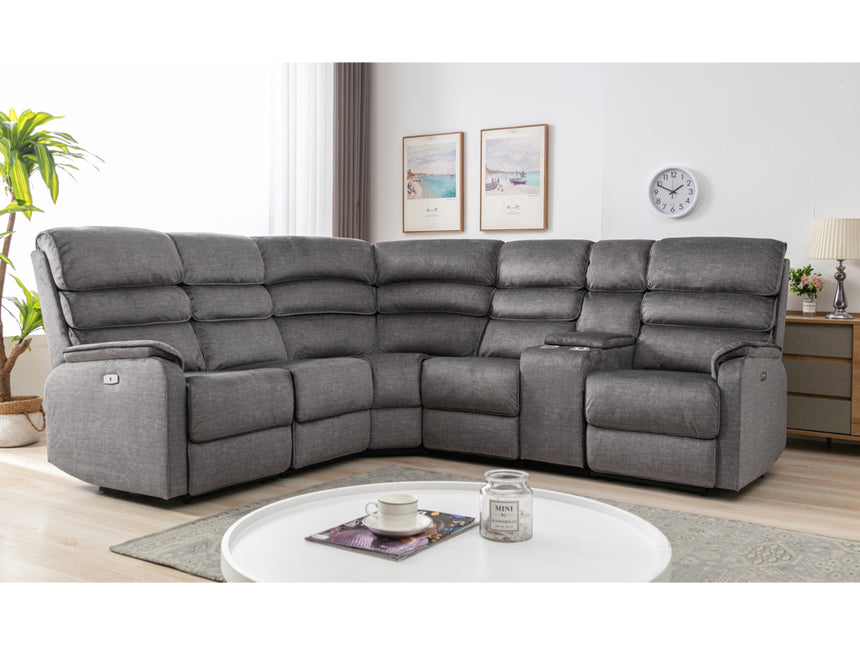 Savoy power recliner corner set.  A full fabric suite in soft touch grey coloured fabric.  high headrest offers neck support. A USB socket is included in the touch panel. Plus you can add a consol with drinks holder 