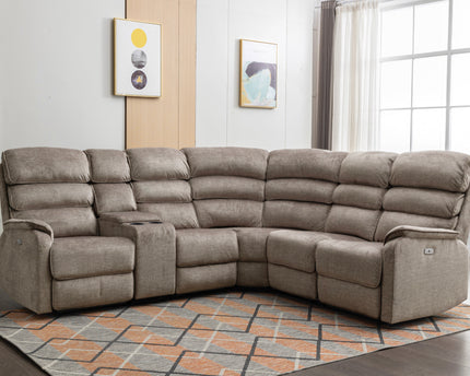 Savoy power recliner corner set.  A full fabric suite in soft touch Taupe coloured fabric.  high headrest offers neck support. A USB socket is included in the touch panel. Plus you can add a consol with drinks holder 