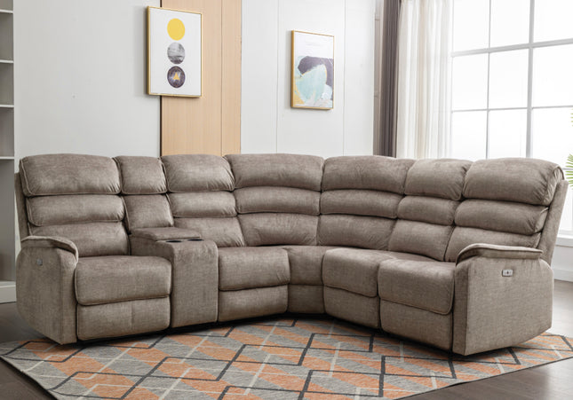 Savoy power recliner corner set.  A full fabric suite in soft touch Taupe coloured fabric.  high headrest offers neck support. A USB socket is included in the touch panel. Plus you can add a consol with drinks holder 