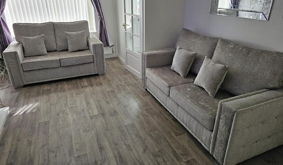 Bentley 3+2 Seat Sofa Set -Truffle With soft polyester upholstery and luxury foam cushions,Pin button detailing arms