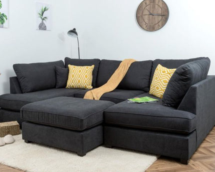 Carnaby U Shape Sofa Including Footstool - Black, Seat Cushions: Removable, Back Cushions: Removable, Foam-filled Seat Cushions