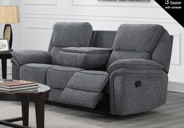 Belmont Manual Recliner 3 Seater. in a soft touch fabric in a dark grey colour. Contrast stitch piping in a light grey colour adds a touch of luxury to the suite. with drop down console with inbuilt cup holders,