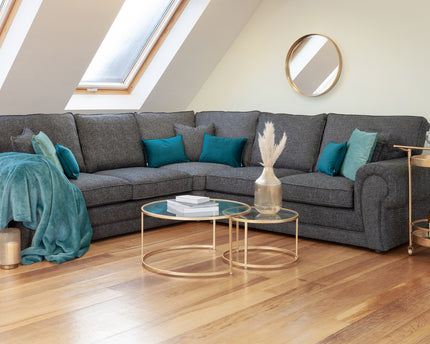 Wilcot 2 corner 2 - Grey, soft polyester upholstery and plush cushions, large square comfy armrest