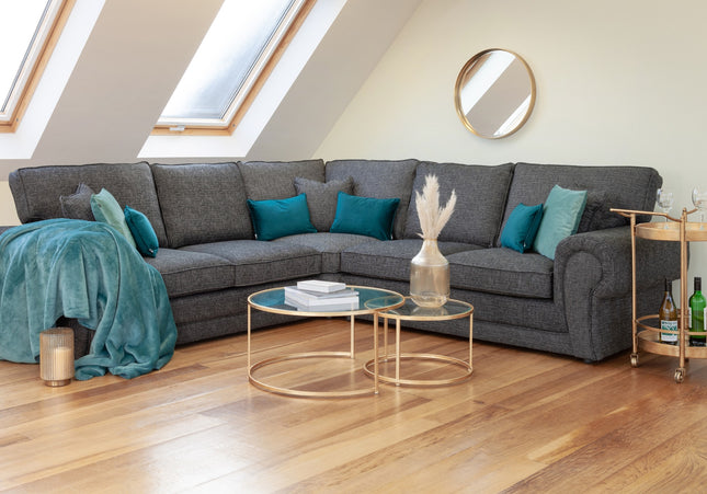 Wilcot 2 corner 2 - Grey, soft polyester upholstery and plush cushions, large square comfy armrest