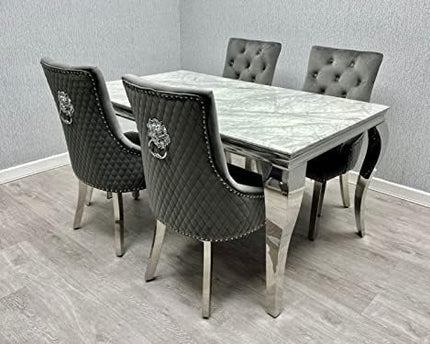 Lewis 1.5m Grey Marble Table With 4 Dark Grey Roma Chairs