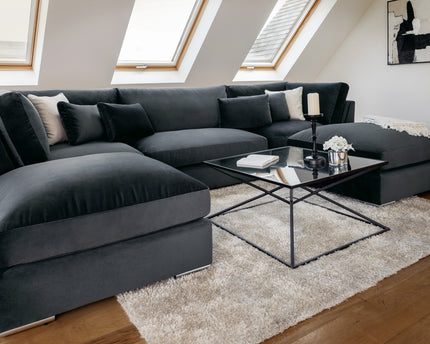 Belgravia U Shape Formal Back Sofa,  u-shape sofa black plush velvet fabric with two movable footstools