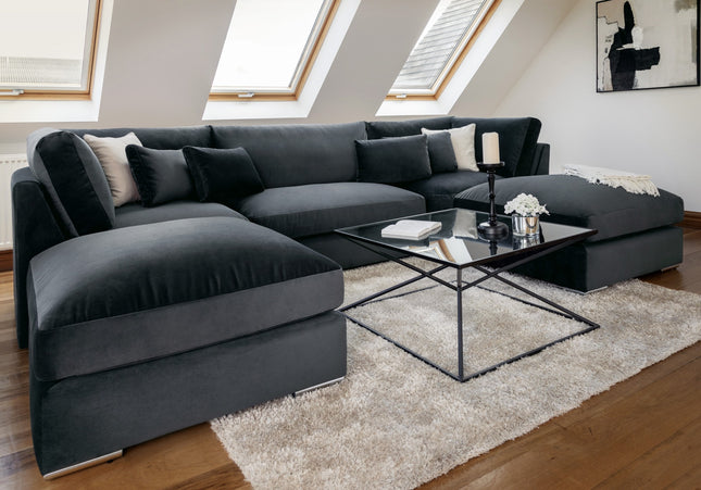 Belgravia U Shape Formal Back Sofa,  u-shape sofa black plush velvet fabric with two movable footstools