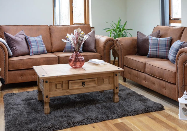 Oakmont 3+2 Sofa Set - Tan,  faux leather three & two seater sofa is soft-to-the-touch and cosy, rounded arms with button detail and  metal studded up the front of the arm. 