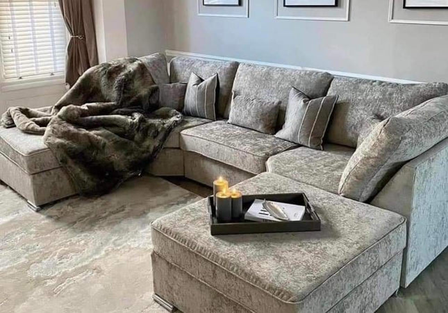 Bishop U Shape Formal Back Sofa - Truffle, a stunning platinum Chenille fabric, foam filled seat cushions, removable cushions, moveable footstool