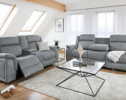 Lotus Power Recliner 3+2 Set - Grey Luxurious fabric, pillow-top armrests, and a smooth electric  recliner motion with plug outlets usb ports and drink holders 