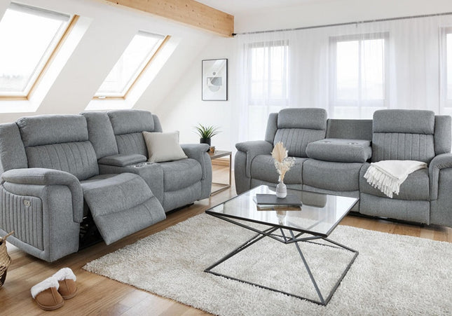 Lotus Power Recliner 3+2 Set - Grey Luxurious fabric, pillow-top armrests, and a smooth electric  recliner motion with plug outlets usb ports and drink holders 