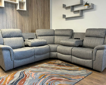 Lotus Power Recliner Corner Set - Grey Luxurious fabric, pillow-top armrests, and a smooth electric  recliner motion with plug outlets usb ports and drink holders 
