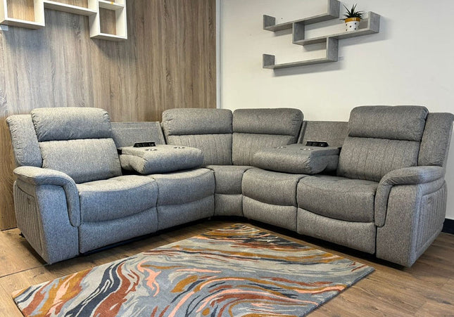 Lotus Power Recliner Corner Set - Grey Luxurious fabric, pillow-top armrests, and a smooth electric  recliner motion with plug outlets usb ports and drink holders 