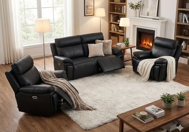 Ashby 2.5 Seater + Armchair + Armchair Power Recliner Sofa Set – Black