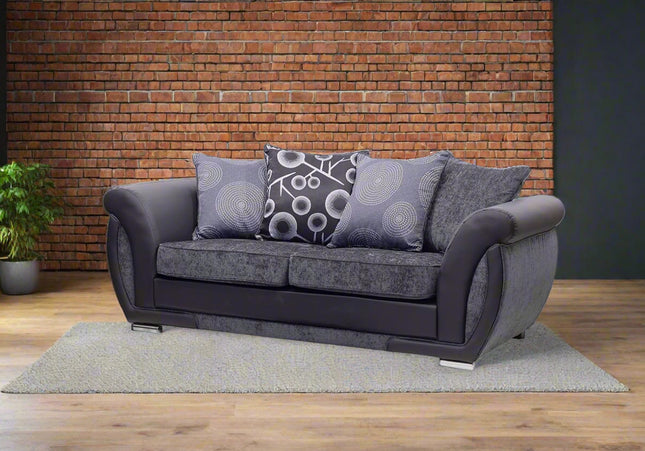 Shannon 3 seater Sofa In Charcoal,  Charcoal chenille fabric with sleek black faux leather trims scatter back cushions with circle patterns you can turn them and have plain cushions