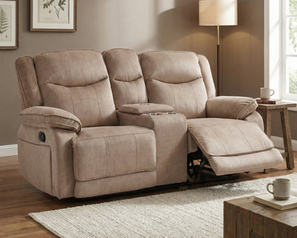 Clayton 2 Seater Manual Recliner Console Sofa – Light Brown
