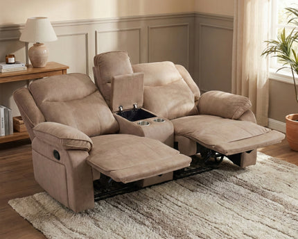 Clayton 2 Seater Manual Recliner Console Sofa – Light Brown