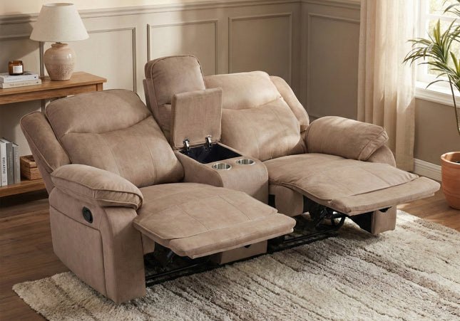 Clayton 2 Seater Manual Recliner Console Sofa – Light Brown