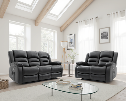 Alva Electric Recliner 3+2 Sofa Set In Black Leather