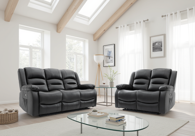 Alva Electric Recliner 3+2 Sofa Set In Black Leather