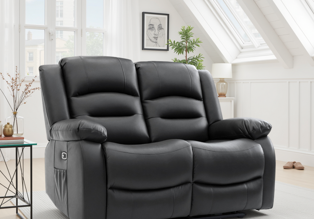 Alva Electric Recliner 2 Seater Sofa In Black Leather