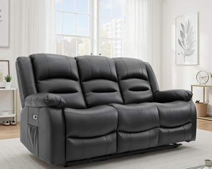 Alva Electric Recliner 3 Seater Sofa In Black Leather
