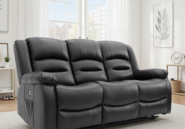 Alva Electric Recliner 3 Seater Sofa In Black Leather