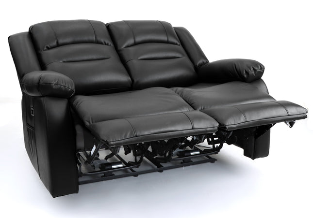 Alva black leather electric power reclining two seater with usb port and side pockets. both seats recline