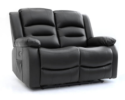 Alva black leather electric power reclining two seater with usb port and side pockets. both seats recline