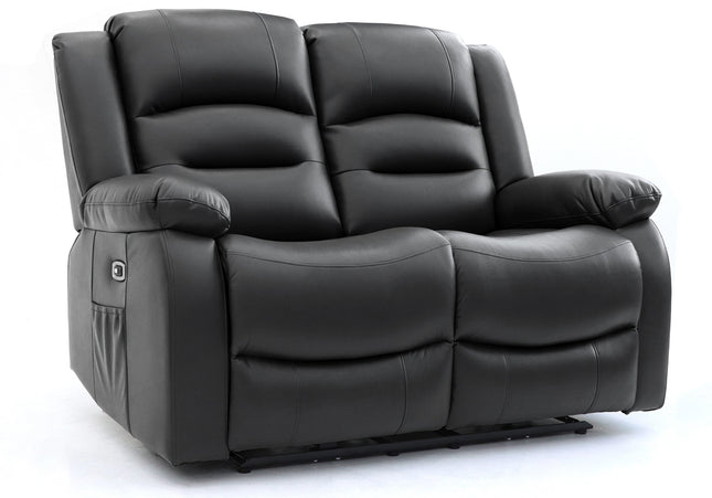 Alva black leather electric power reclining two seater with usb port and side pockets. both seats recline