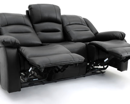 Alva black leather electric power reclining three seater with usb port and side pockets. both end seats recline. middle seat pulldown drinks holder