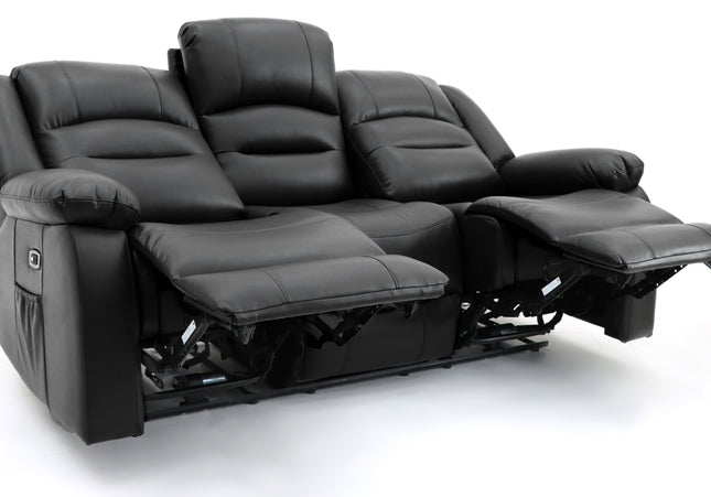 Alva black leather electric power reclining three seater with usb port and side pockets. both end seats recline. middle seat pulldown drinks holder