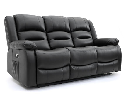 Alva black leather electric power reclining three seater with usb port and side pockets. both end seats recline. middle seat pulldown drinks holder