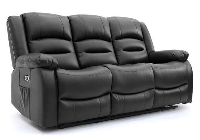 Alva black leather electric power reclining three seater with usb port and side pockets. both end seats recline. middle seat pulldown drinks holder