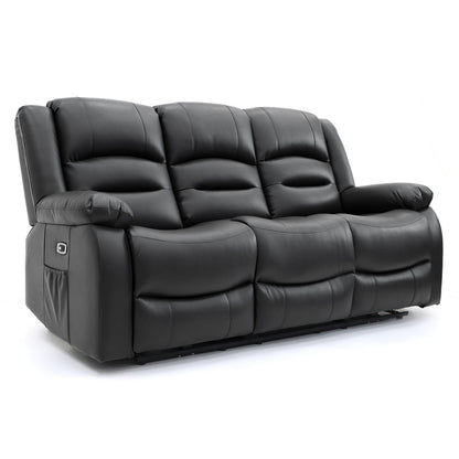 Alva black leather electric power reclining three seater with usb port and side pockets. both end seats recline. middle seat pulldown drinks holder