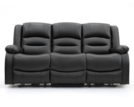 Alva black leather electric power reclining three seater with usb port and side pockets. both end seats recline. middle seat pulldown drinks holder