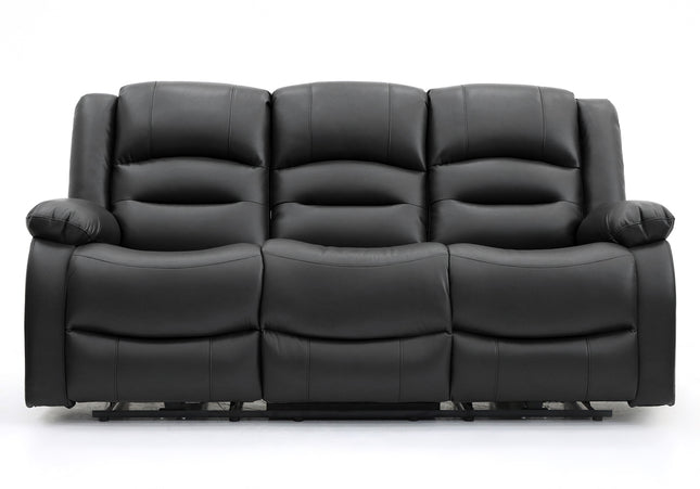 Alva black leather electric power reclining three seater with usb port and side pockets. both end seats recline. middle seat pulldown drinks holder