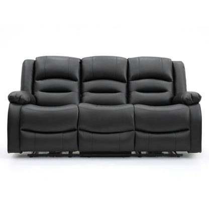 Alva black leather electric power reclining three seater with usb port and side pockets. both end seats recline. middle seat pulldown drinks holder