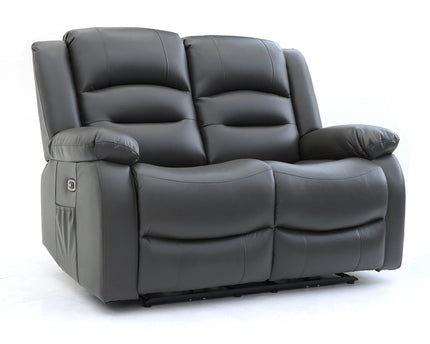 Alva grey leather electric power reclining two seater with usb port and side pockets. both seats recline