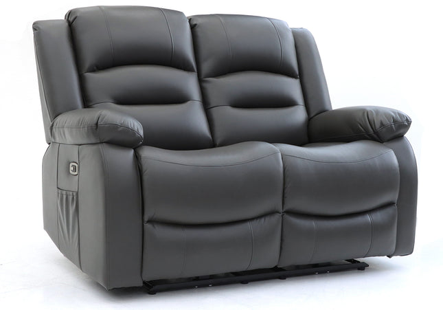 Alva grey leather electric power reclining two seater with usb port and side pockets. both seats recline