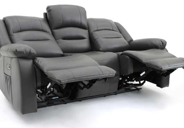 Alva grey fabric electric power reclining 3 seater and 2 seater, two end seats recline with usb port and side pocket. fold down middle seat with drink holder