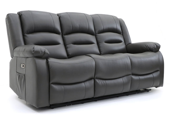Alva grey leather electric power reclining 3 seater with usb port and side pockets. both end seats recline pull down drink holder