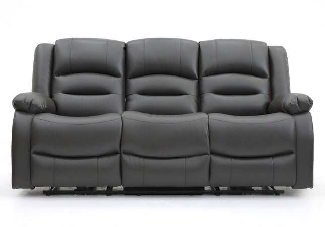 Alva grey leather electric power reclining 3 seater with usb port and side pockets. both end seats recline pull down drink holder