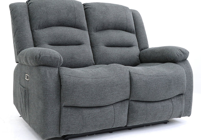 Alva grey fabric electric power reclining 2 seater both seats recline with usb port and side pockets