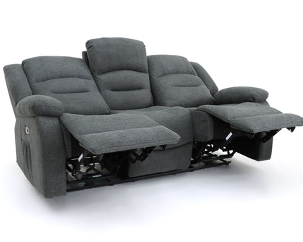 Alva grey fabric electric power reclining 3 seater, two end seats recline with usb port and side pocket. fold down middle seat with drink holder