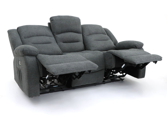 Alva grey fabric electric power reclining 3 seater, two end seats recline with usb port and side pocket. fold down middle seat with drink holder