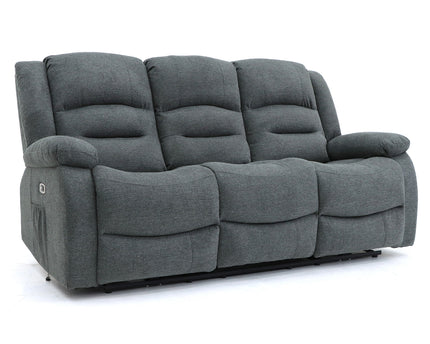Alva grey fabric electric power reclining 3 seater, two end seats recline with usb port and side pocket. fold down middle seat with drink holder