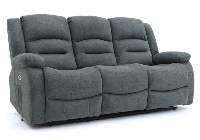 Alva grey fabric electric power reclining 3 seater, two end seats recline with usb port and side pocket. fold down middle seat with drink holder